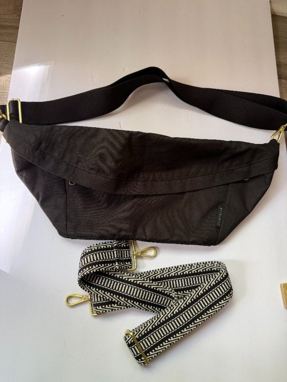 Canvelle Crossbody Fanny Pack Black Sling Belt Bag + Extra Patterned Strap